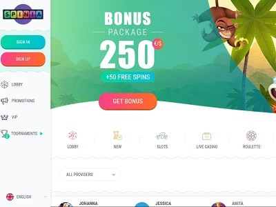 spinia casino screenshot homepagina